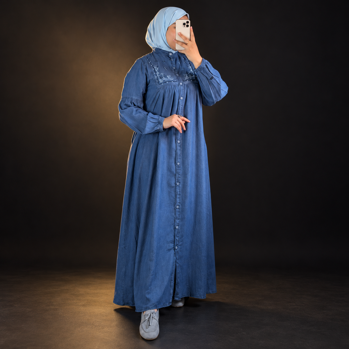 Abaya Denim Élégance Brodée – Bleu