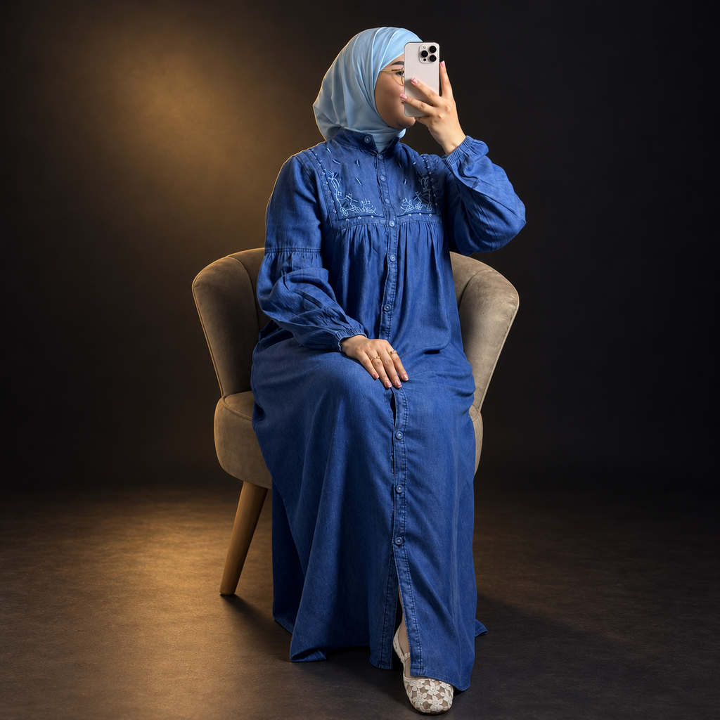 Abaya Denim Élégance Brodée – Bleu