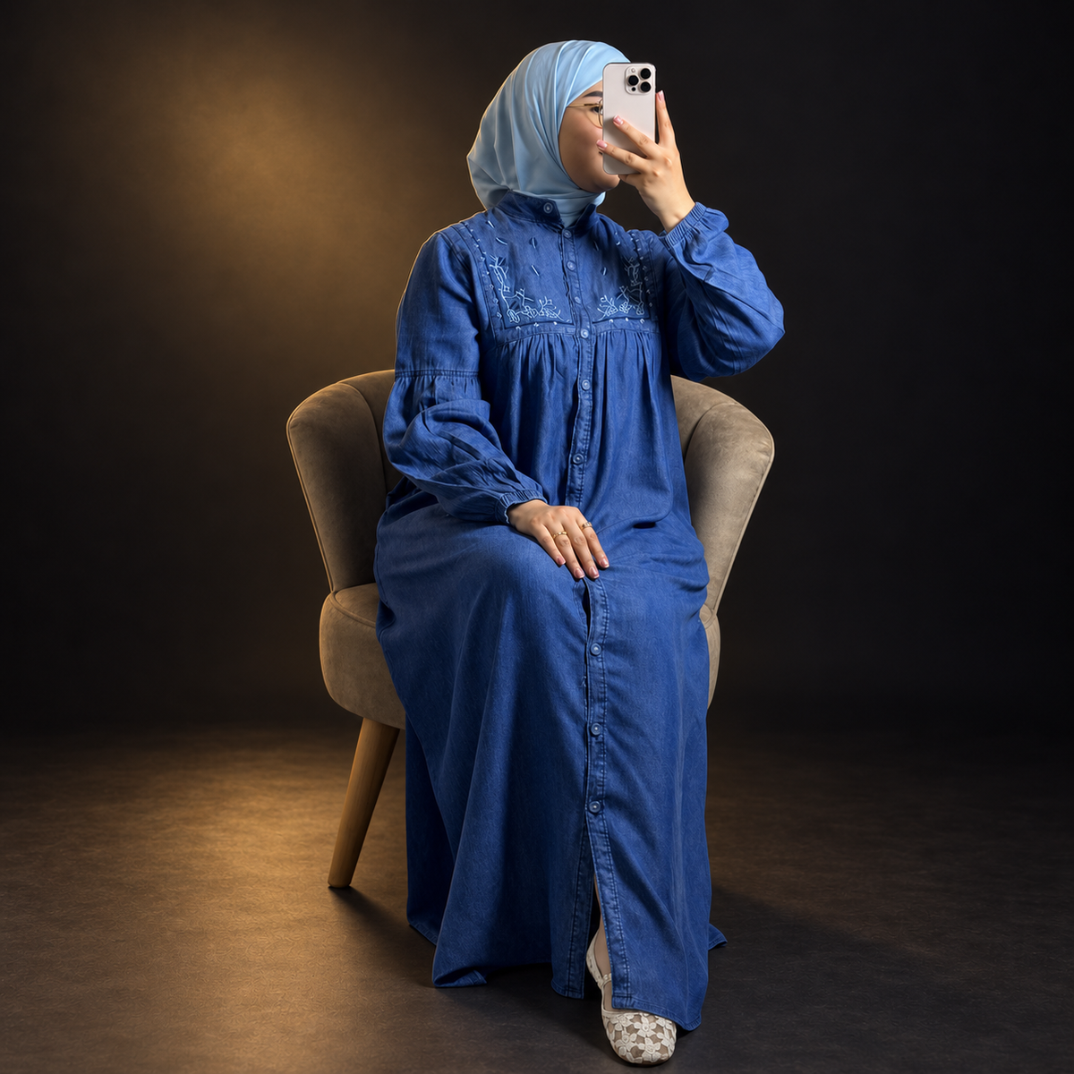 Abaya Denim Élégance Brodée – Bleu