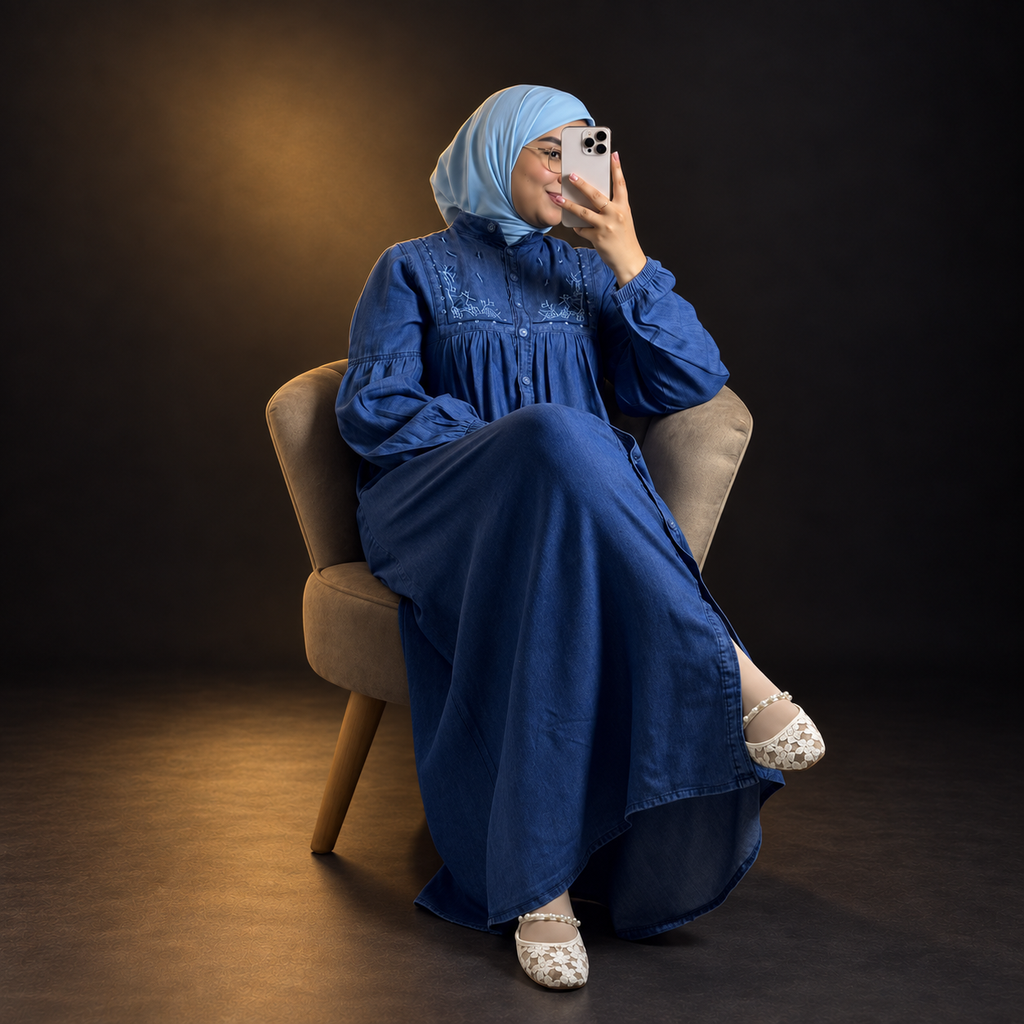 Abaya Denim Élégance Brodée – Bleu
